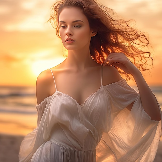 Una donna in abito bianco è in piedi su una spiaggia con il sole che tramonta dietro di lei.