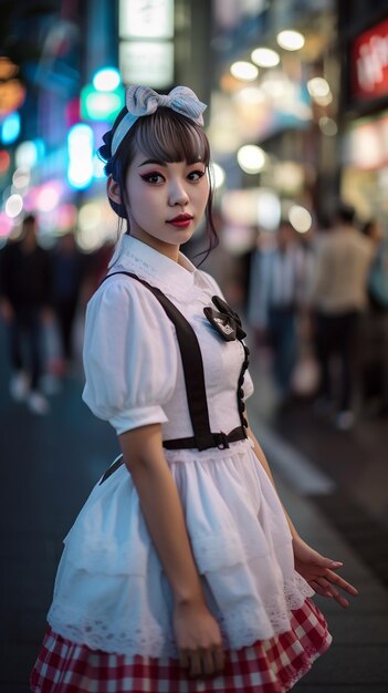 Una donna in abito bianco si trova in una strada a Tokyo