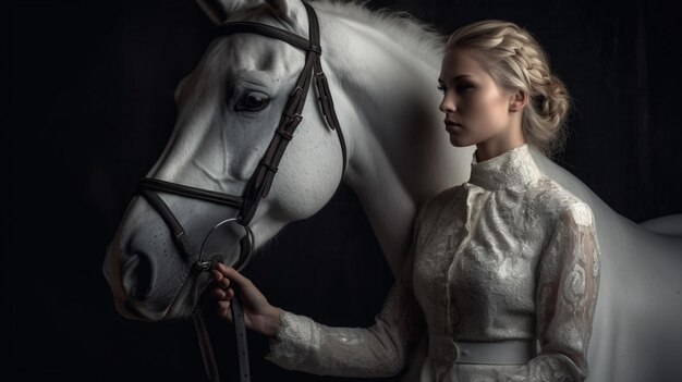 Una donna in abito bianco sta accanto a un cavallo bianco.