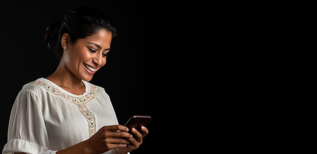 una donna in abito bianco sta guardando il suo telefono