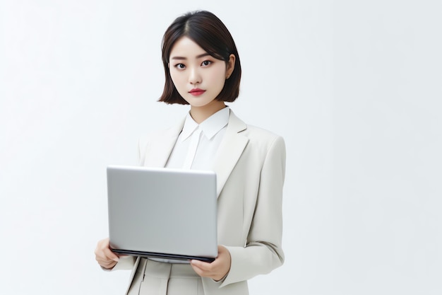 Una donna in abito bianco tiene in mano un computer portatile