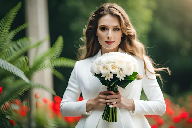 Una donna in abito bianco tiene in mano un mazzo di fiori.