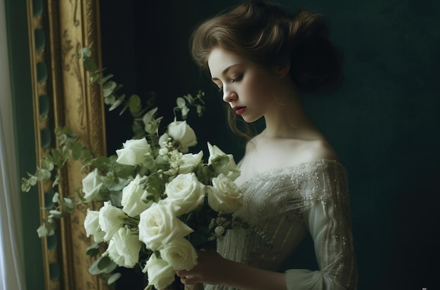 Una donna in abito bianco tiene un mazzo di rose davanti a uno specchio.