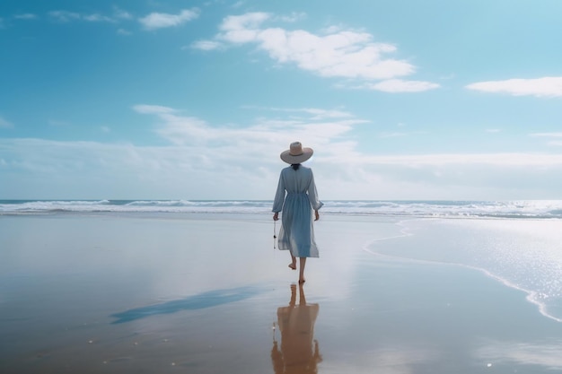 Una donna in abito blu cammina lungo la spiaggia davanti a un cielo blu.