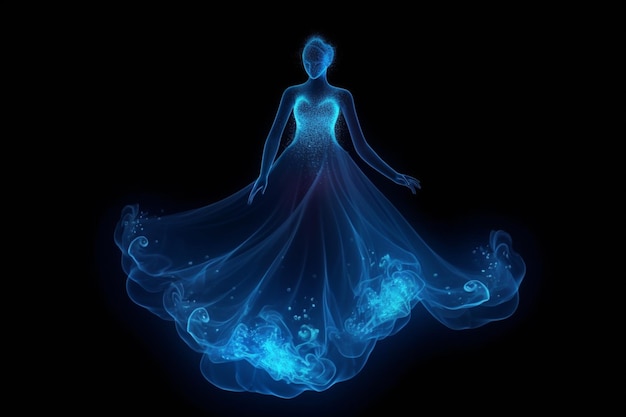 Una donna in abito blu con un vortice di luce.