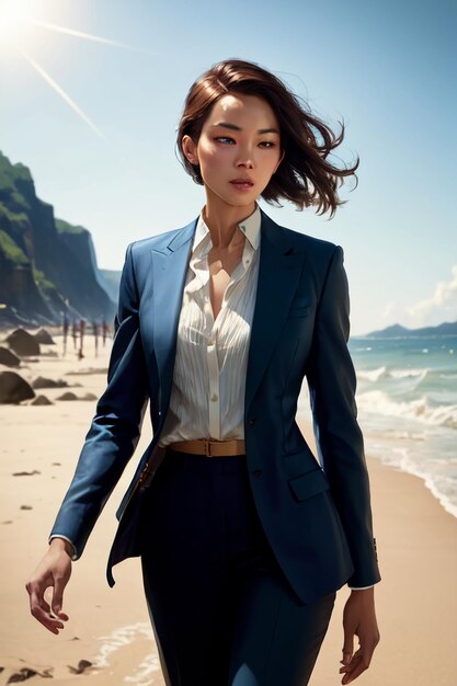 Una donna in abito blu si trova su una spiaggia.