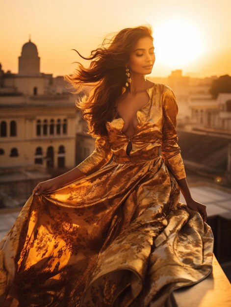 una donna in abito con il sole che tramonta dietro di lei