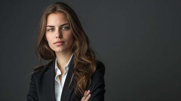 una donna in abito con una camicia bianca e una giacca nera