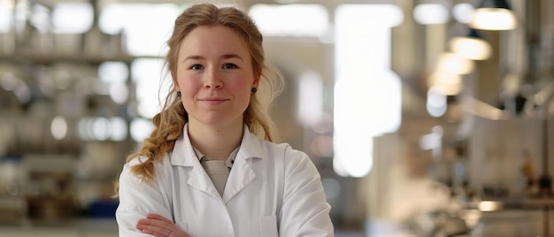 una donna in abito da laboratorio in piedi con le braccia incrociate