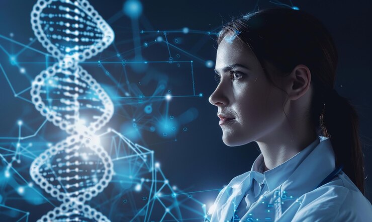 una donna in abito da laboratorio si trova di fronte a uno sfondo blu con una donna di fronte a un codice binario