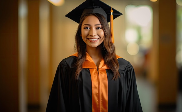 Una donna in abito da laurea sorride alla telecamera.