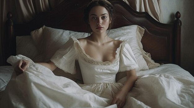 Una donna in abito da sposa bianco si siede su un letto
