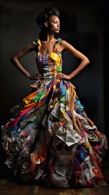 Una donna in abito di plastica riciclata multicolore AI idea costume riciclato
