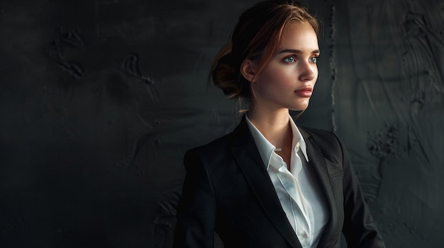 una donna in abito e una camicia con una camicia bianca