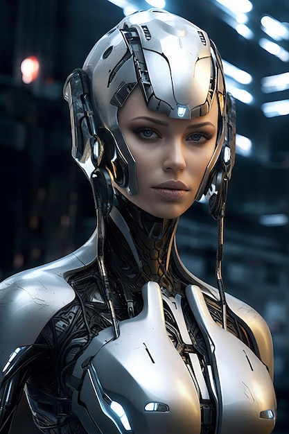Una donna in abito futuristico con un casco e la parola robot sopra.