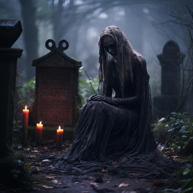 una donna in abito gotico seduta in un cimitero con le candele