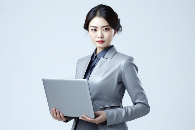 Una donna in abito grigio tiene in mano un computer portatile.