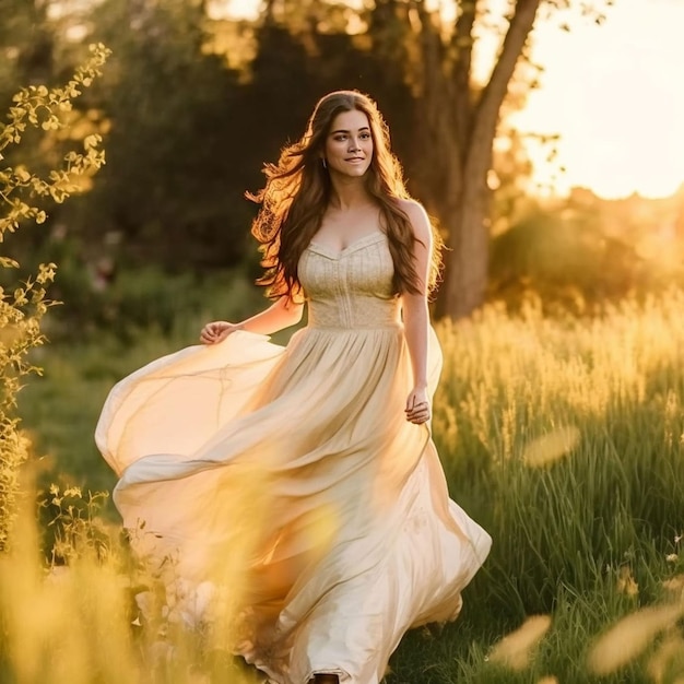 Una donna in abito lungo attraversa un campo al tramonto.