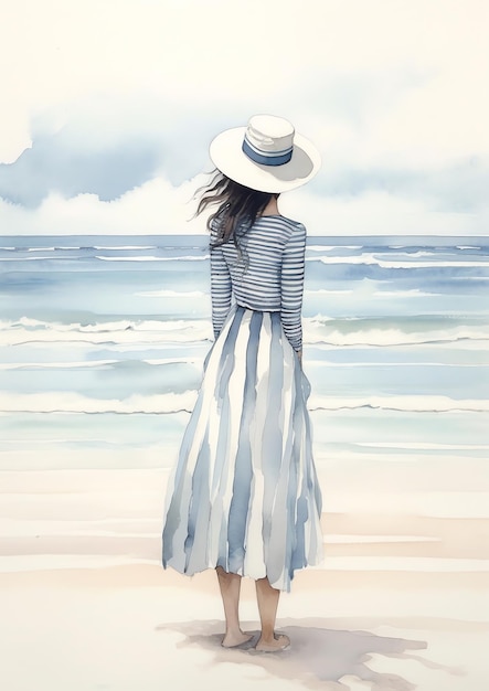 Una donna in abito lungo e cappello in piedi su una spiaggia