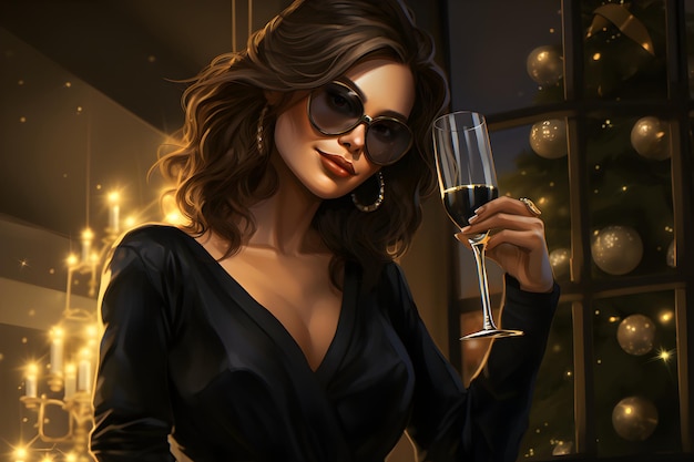 Una donna in abito nero con champagne e occhiali scintillanti