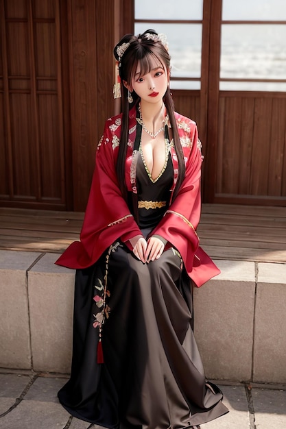 Una donna in abito nero con cintura dorata e kimono rosso