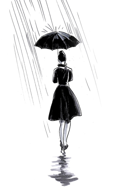 Una donna in abito nero con un ombrello sotto la pioggia