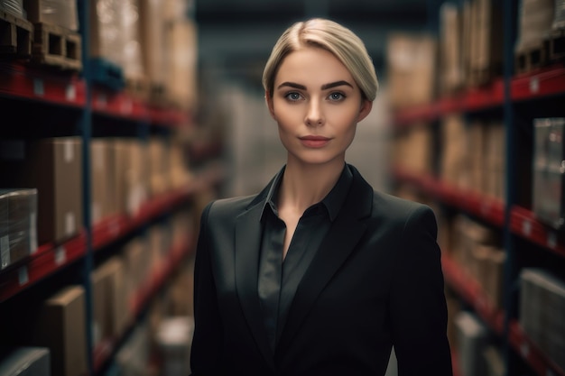 Una donna in abito nero si trova in un magazzino con scatole sugli scaffali.