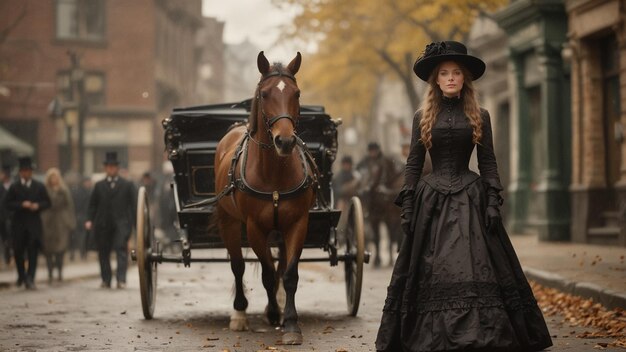 una donna in abito nero sta guidando un cavallo e una carrozza