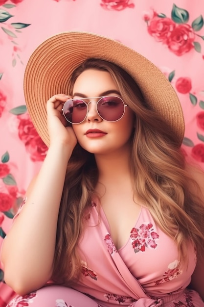 Una donna in abito rosa e cappello posa su uno sfondo rosa con fiori.