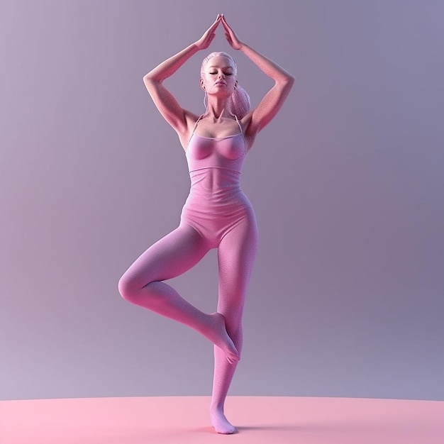 Una donna in abito rosa sta facendo yoga.