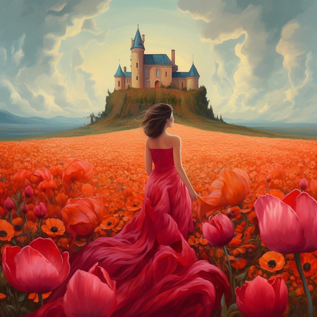 Una donna in abito rosso attraversa un campo di fiori con un castello sullo sfondo.