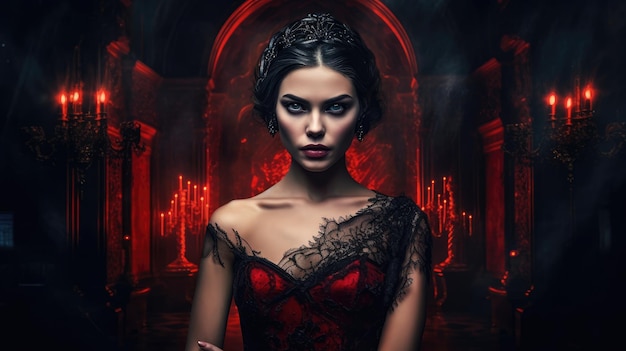 Una donna in abito rosso con uno sfondo scuro e una candela dietro di lei.