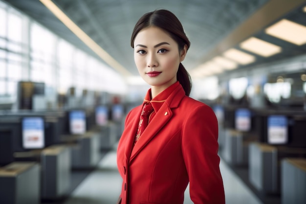 Una donna in abito rosso si trova in un aeroporto con molti computer.