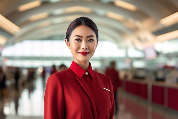 Una donna in abito rosso si trova in un terminal dell'aeroporto