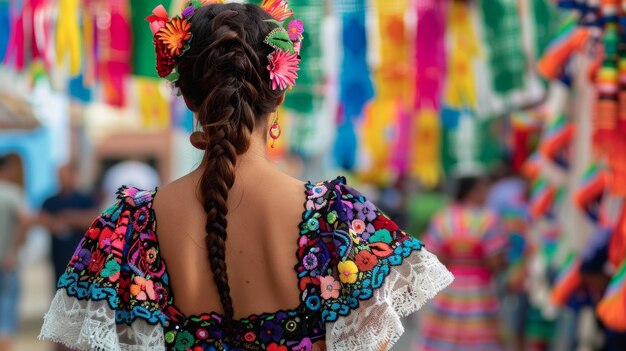 Una donna in abito tradizionale con la schiena adornata con intricati ricami che decorano abilmente la città