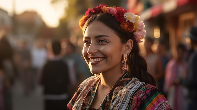 Una donna in abito tradizionale sorride alla telecamera.