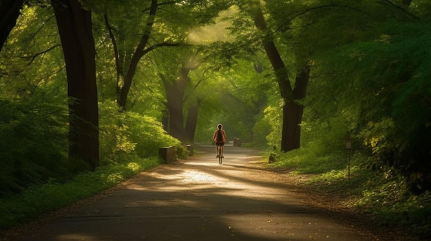 Una donna in bicicletta sta attraversando un bosco.