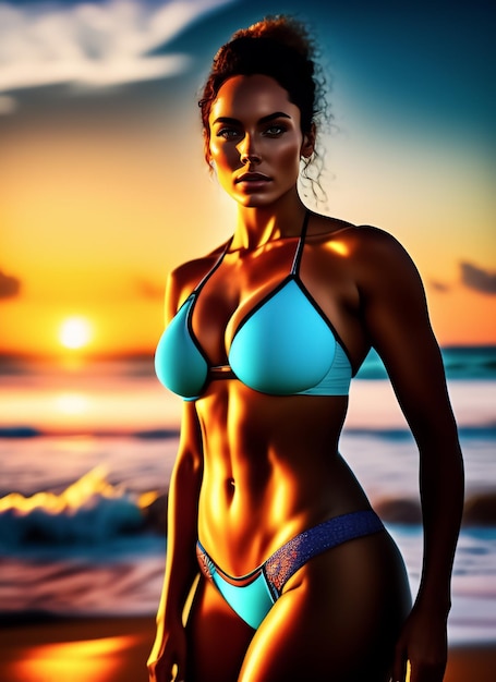 Una donna in bikini blu si trova su una spiaggia con il sole che tramonta dietro di lei.