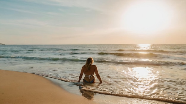 una donna in bikini è seduta nell'acqua sulla spiaggia