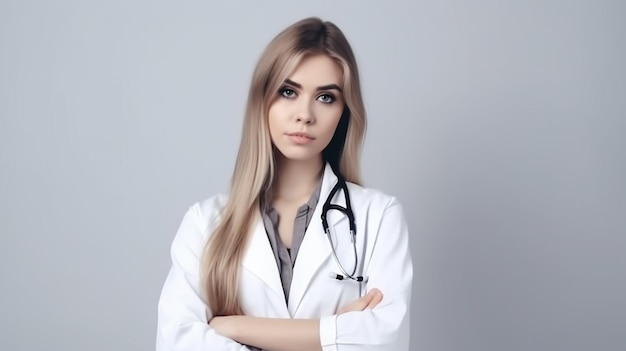 Una donna in camice bianco da laboratorio con uno stetoscopio sul collo si trova davanti a uno sfondo bianco.