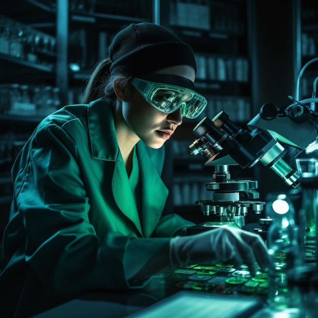 Una donna in camice da laboratorio che guarda un microscopio.