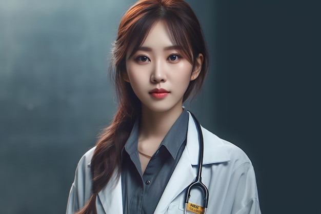 Una donna in camice da laboratorio con uno stetoscopio al collo si trova in una stanza buia.