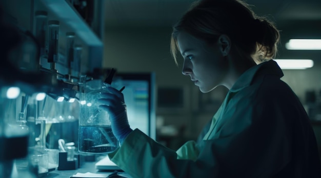 Una donna in camice da laboratorio controlla una foto d'archivio campione in laboratorio Generative AI AIG21