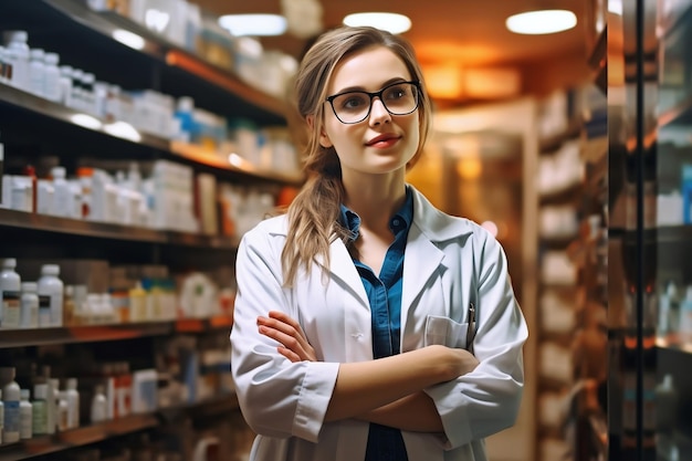 Una donna in camice da laboratorio di Pharmacy Shelf AI