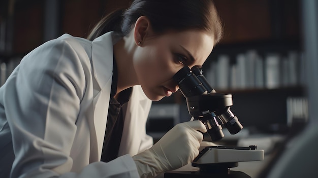 Una donna in camice da laboratorio guarda attraverso un microscopio.