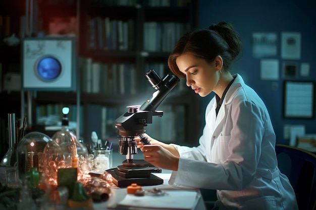 Una donna in camice da laboratorio guarda un microscopio in una stanza buia.