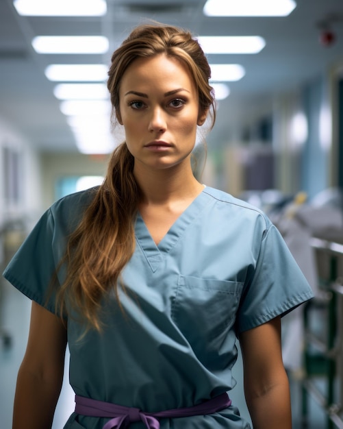 una donna in camice in piedi nel corridoio di un ospedale