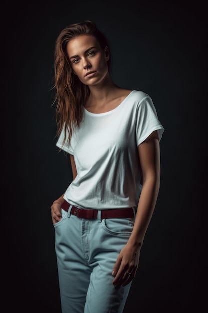 Una donna in camicia bianca e jeans blu si trova su uno sfondo nero.