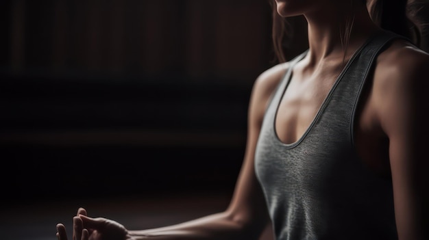 Una donna in canotta è seduta su un tappetino da yoga e guarda la telecamera.