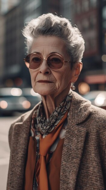 Una donna in cappotto e occhiali da sole si trova in strada